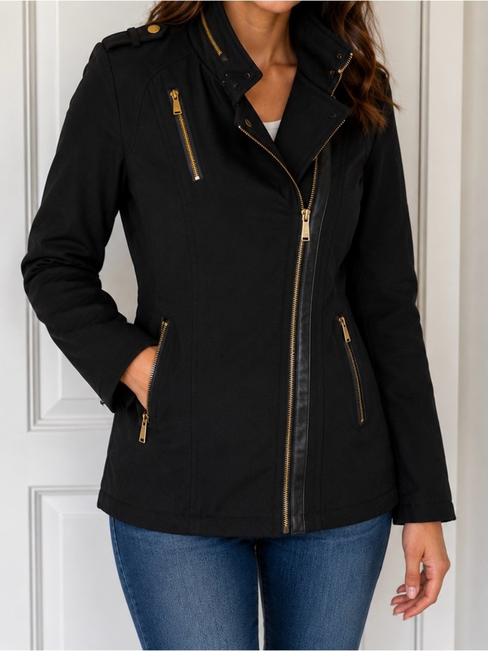 Michael Kors Black Zip Front Jacket with Gold Hardware